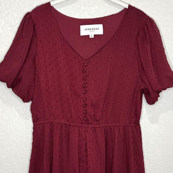 JESSAKAE Dress Womens XL Burgundy Swiss Dot Midi V Neck Button Detail JEE-011 - Picture 3 of 9